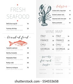 Vector set for seafood restaurant branding. Flyer, brochure, banner. Hand drawn vintage elements. Engraved Salmon, lobster. octopus, squid, crab caviar fillet and clams