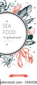Vector set for seafood restaurant branding. Flyer with round frame and sketched icons. Hand drawn vintage elements. Engraved Salmon, lobster. octopus, squid, crab, caviar, fillet and clams.