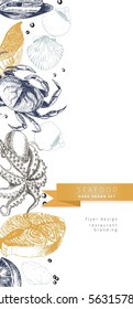 Vector set for seafood restaurant branding. Flyer with border frame and sketched icons. Hand drawn vintage elements. Engraved Salmon, lobster. octopus, squid, crab, caviar, fillet and clams.