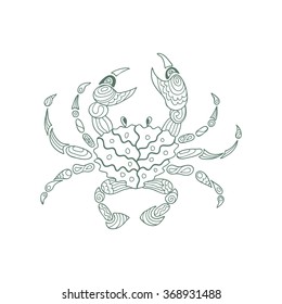 Vector set of a seafood as a ring with the inscription. Set with a sketchy seahorse, turtle, starfish, octopus, crab, bass, tuna, halibut, mollusks, lobster crawfish in cartoon style on a light blue