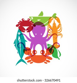 Vector set of seafood symbols on white background
