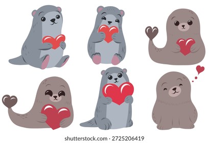 Vetor conjunto de um selo e lontra com corações. Uma coleção festiva de clip-art animal desenhado à mão bonito para adesivos e cartões. Animal de estimação para o Dia dos Namorados