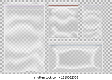 Vector Set of Sealed Empty Transparent Plastic Zipper Bag Close up Isolated on Background