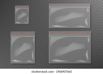 Vector Set of Sealed Empty Transparent Plastic Zipper Bag Close up Isolated on Background.Eps 10.