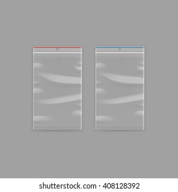 Vector Set of Sealed Empty Transparent Plastic Zipper Bags Close up Isolated on Background