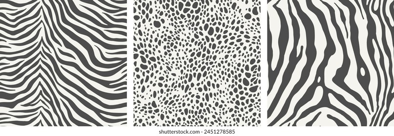 A vector set of Seamless animalistic patterns in monochrome. Modern prints featuring zebra stripes and leopard spots