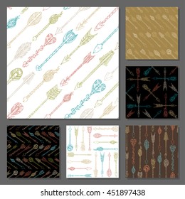 Vector set of seamless arrows patterns. Hand-drawn tribal arrows. Boho and hippie style colourful illustrations. Native ethnic boundless backgrounds.
