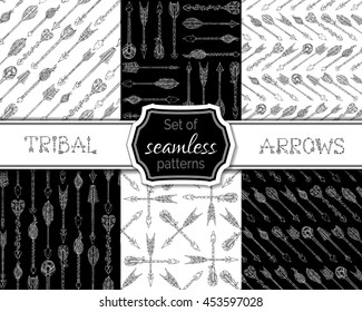 Vector set of seamless arrows patterns. Hand-drawn doodles native ethnic arrows. Boho and hippie style duotone illustrations. Tribal boundless backgrounds.