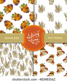 Vector set of seamless autumn patterns. Plenty of fruits and vegetables. Pumpkin, corn, wheat, mushroom, grape, apple, pear. Boundless harvest patterns. Fall time. Thanksgiving day.