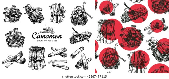 Vector Set of Seamless Backdrop and Old Book Style Cinnamon Pictures. Spicy rolls on all sides. Vintage looking hand-drawn artwork. Good for product packaging design, wallpaper, invitation card.