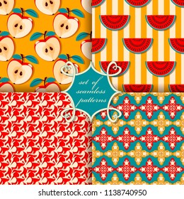 Vector set of seamless background. Apples, watermelons, abstract pattern