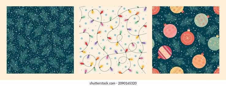 Vector set seamless background. Christmas tree, garlands, Christmas toys. Design for gift wrapping paper, fabric, clothes, textile, wallpaper. 