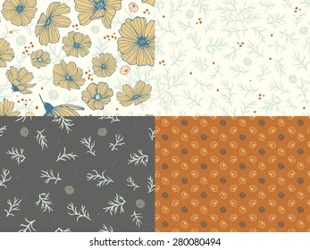 Vector set of seamless background patterns with flowers and leaves.