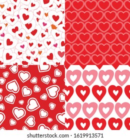 Vector set of seamless backgrounds with bright hearts.