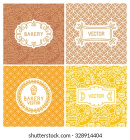 Vector set of seamless backgrounds with frames and labels - bakery concepts and menu covers in trendy linear style with outline icons