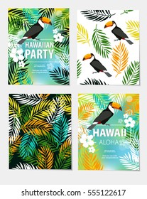 Vector set of seamless backgrounds, posters and "Hawaii. Aloha. Hawaiian party". foliage, trees, toucan. beach, summer, travel. Invitation, greeting card, poster, poster.