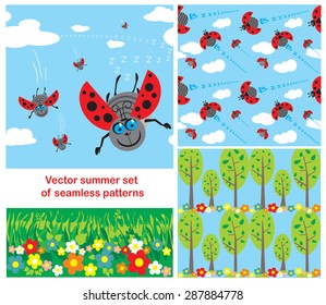 Vector set seamless backgrounds. Summer, sky,cloud, ladybird, tree, flowers