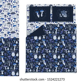 Vector set of seamless backgrounds for textiles. Mushrooms theme bedding set