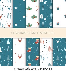 Vector set of seamless backgrounds with winter holidays symbols in bright colors. Christmas and New Year concept