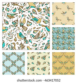 Vector set of seamless birds and leaves patterns. Maple, oak, rowan, chestnut, birch leaves. Gold, blue and white nature boundless backgrounds.