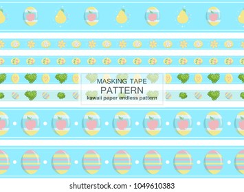 Vector set of seamless border pattern, Easter design. Template for washi tape (means paper tape), masking tape,  dividers, pattern board. Kawaii ornate eastern eggs and grass on blue ribbon