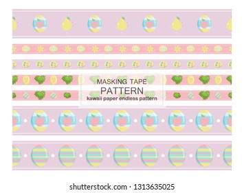 Vector set of seamless border pattern, girlish design. Template for washi tape (means paper tape), masking tape,  dividers, pattern board. Kawaii ornate eastern eggs and grass on pink ribbon