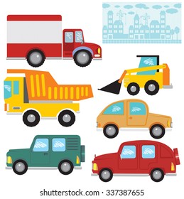 Vector set. Seamless  border or pattern with a city silhouette on blue background and  transport. Cars,van,dumper,loader.