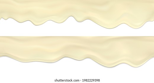 Vector set seamless border of realistic flowing down waves and drops of mayonnaise.Realistic vector collection dripping cream or sauce seamless horizontal texture.packaging design of  processed cheese