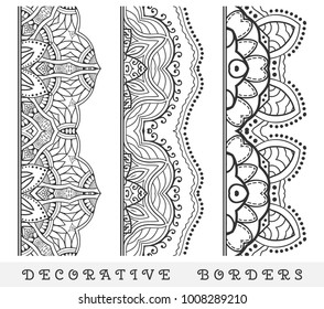Vector set of seamless border. Vintage motif, line art frame, geometric repeating texture. Fashion lace collection, design element for page decor, headline, banner, invitation card. Black and white