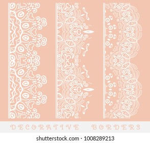 Vector set of seamless border. Vintage motif, line art frame, geometric repeating texture. Fashion lace collection, design element for page decor, headline, banner, invitation card