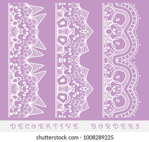 Vector set of seamless border. Vintage motif, line art frame, geometric repeating texture. Fashion lace collection, design element for page decor, headline, banner, invitation card