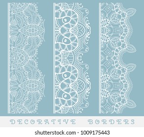 Vector set of seamless border. Vintage motif, line art frame, geometric repeating texture. Fashion lace collection, design element for page decor, headline, banner, invitation card.
