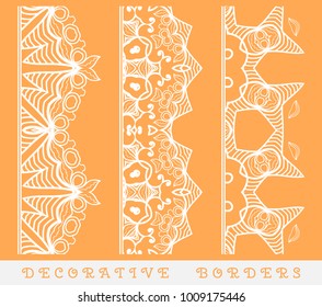 Vector set of seamless border. Vintage motif, line art frame, geometric repeating texture. Fashion lace collection, design element for page decor, headline, banner, invitation card.