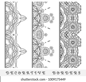 Vector set of seamless border. Vintage motif, line art frame, geometric repeating texture. Fashion lace collection, design element for page decor, headline, banner, invitation card. Black and white