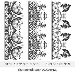 Vector set of seamless border. Vintage motif, line art frame, geometric repeating texture. Fashion lace collection, design element for page decor, headline, banner, invitation card. Black and white