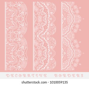 Vector set of seamless border. Vintage motif, line art frame, geometric repeating texture. Fashion lace collection, design element for page decor, headline, banner, invitation card.