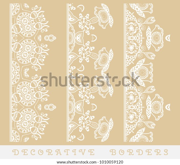 Vector set of
seamless border. Vintage motif, line art frame, geometric repeating
texture. Fashion lace collection, design element for page decor,
headline, banner, invitation
card.