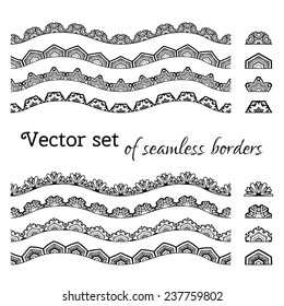 Vector set of seamless borders. All used pattern brushes included. Black and white illustration.