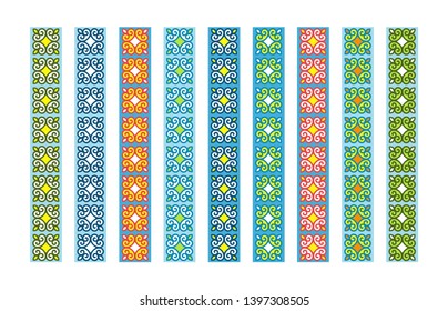 Vector set of seamless borders with colored patterns in Oriental style  isolated on white background. Ornament for printing on tape, fabric, paper, greeting cards, book pages. Background design.