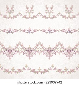 Vector set of seamless borders in Eastern style. Ornate element for design and place for text. Ornamental lace pattern for wedding invitations and greeting cards. Traditional vintage pastel decor.