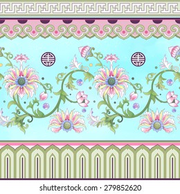 Vector set of seamless borders. Ornament in chinese style. Elegant floral design. Imitation of chinese porcelain painting. Lotus flowers and leaves are painted by watercolor. 