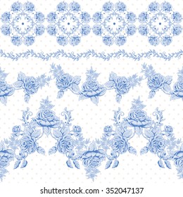 Vector set of seamless borders. Pattern with french garden roses in vintage style. 