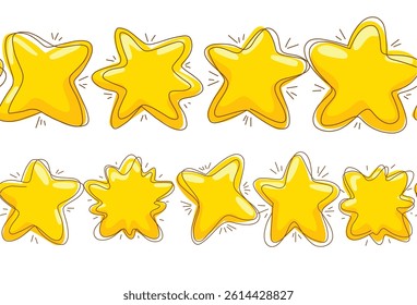 Vector set of seamless borders with various cartoon stars with scribble strokes. Magical horizontal frieze with yellow stars for frames and brushes