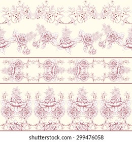 Vector set of seamless borders. Victorian garden roses. Hand drawing.