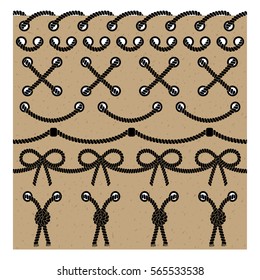 Vector set seamless brushes of the rope design frames and borders. Collection of isolated objects on a cardboard background to create ornaments in a nautical theme. The brush included in the file.