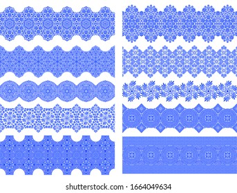 Vector set of seamless brushes with traditional greek ornament in blue and white. For creating borders, frames, boarders, friezes, edge, printing on paper, textiles. Brushes are included in the file