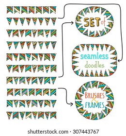 Vector set of seamless bunting brushes and frames from them. Festive doodles garlands isolated on white background. All pattern brushes are attached in brushes palette.