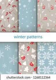  Vector Set of Seamless Christmas and New Year`s patterns. Winter and Christmas elements on a dark background. Wrap for gifts.  Doodle style.