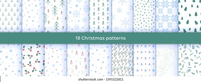 Vector Set of Seamless Christmas and New Year`s patterns. Winter and Christmas elements on a dark background. Wrap for gifts.  Doodle style.