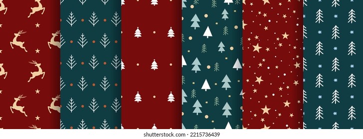 Vector Set of Seamless Christmas and New Year`s patterns. Winter and Christmas elements on a dark background. Wrap for gifts.  